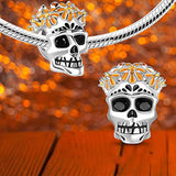 Skull Charm With Orange Flower Calavera Mexican Skull 925 Sterling Silver Bead Cubic Zirconia Black Eyes Charms Fit  Bracelet Multicolor Enamel Best Gift
