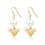  Silver Elegant Freshwater Pearl Gold Color Bee Drop Earrings 