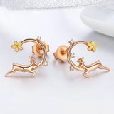 Authentic 925 Sterling Silver Running Elk Deer Rose Gold Color Stud Earrings for Women Fashion Earrings Jewelry