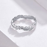 S925 sterling silver feather ring white gold plated ring
