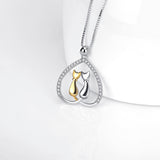 Double cat necklace jewelry silver crystal love heart pendant necklace