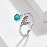 925 Sterling Silver Blue Ocean Stone  Fish Tail Rings For Women Open Ajudstale Fashion Ring Jewelry