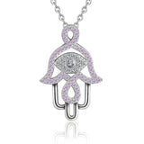 S925 Sterling Silver CZ Evil Eye  Necklace Pendant Pink Hamsa Jewelry