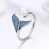 S925 sterling silver mermaid tear ring oxidized zircon shell bead ring