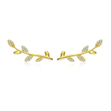 Silver Tree Leaves Gold Color Clear CZ Stud Earrings