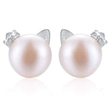 925 Sterling Silver Cat Stud Earrings Natural Freshwater White Pearl Earrings Cute Cat Hypoallergenic Earrings for Women and Girls