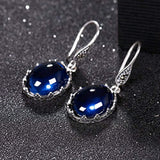 925 Sterling Silver Oval Blue Corundum Crystal Party Retro Waterdrop Hook Dangle Earrings