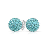 Round Simple Basic Disco Pave Crystal Ball Stud Earrings  925 Sterling Silver