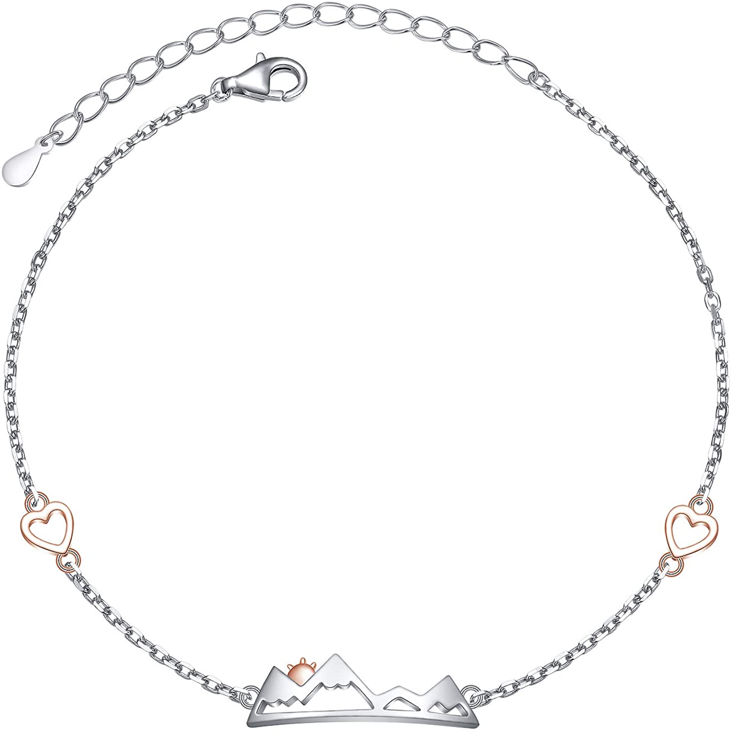 925 Sterling Silver Snow Caps Mountain Heart Range bracelet Gift for Women Teen Girls Hikers Outdoor Lovers