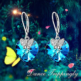 Sterling Silver Love Heart Butterfly Dangle Drop Earrings with Swarovski Crystals Fine Jewelry Gift for Women Girls