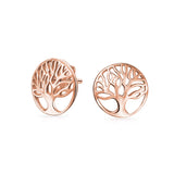 Tiny Round Circle Family Tree Of Life Stud Earrings For Women Teen Wishing Tree Rose Gold Plated 925 Sterling Silver
