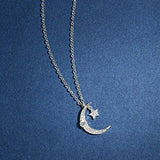 14K White Gold Plated S925 Sterling Silver Black Cubic Zirconia CZ Moon Stars Pendant Necklace Fine Jewelry
