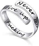Inspirational S925 Sterling Silver Adjustable Spiral Wrap Twist Arrow Bands Cool Stacking Ring Never GIVE UP for Men