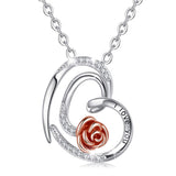S925  Sterling Silver Heart Rose Necklace for Women, I Love You Forever Love Heart Flower Pendant Necklaces Mothers Day Gifts