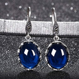 925 Sterling Silver Oval Blue Corundum Crystal Party Retro Waterdrop Hook Dangle Earrings