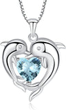 Double Dolphin with Light Blue CZ Heart Pendant Necklace