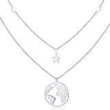 Silver Layered Choker Necklace Disc World Map Star Pendant Necklaces 