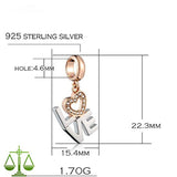 Love Bracelet Charms - 925 Sterling Silver Pendants, Heart Dangle Beads Plated Crystals Fits Bracelets, Necklaces, and European Snake Chains - Anniversary and Valentine Gifts for Wife.