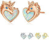 Opal Unicorn Stud Earring S925 Sterling Silver Love Heart Stud Earring  Animal Unicorn Jewelry gift for Women