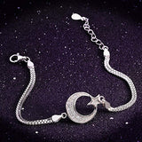 925 Sterling Silver Pave CZ Simple Moon And Star Bracelet Double Box Chain Clear