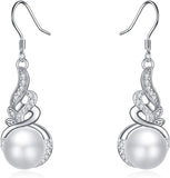 925 Sterling Silver Pearl Drop Earring White Pearl Dangle Earrings with Angel Wing Cubic Zirconia Silver Dangle Earring for Women