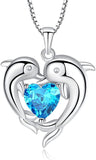 Double Dolphin with Light Blue CZ Heart Pendant Necklace
