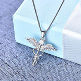 Necklace 925 Sterling Silver Caduceus Necklace Angel Wing Pendant Polished Women Men Jewelry
