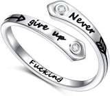 Inspirational S925 Sterling Silver Adjustable Never GIVE UP rings for Women