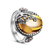Floral Ring for Women 925 Sterling Silver Finger Ring with Garnet Size 9(Adjustable) Antique Color