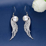 925 Sterling Silver CZ 9MM AAA Freshwater Cultured Pearl Angle Wings Hook Dangle Earrings