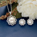 Women's 925 Sterling Silver CZ Freshwater Cultured Pearl Elegant Flower Necklace Earrings Set
