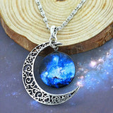 Crescent Moon Filigree Glass Cabochon Galaxy Universe Art Picture Pendant Necklace