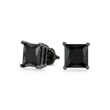 Black Square CZ Solitaire Princess Cut Stud Earrings For Men Women Screwback IP Plated 925 Sterling Silver