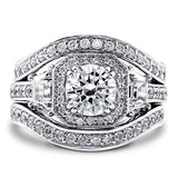 Rhodium Plated Sterling Silver Round Cubic Zirconia CZ Art Deco Halo Engagement Wedding Ring