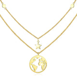 Silver Layered Choker Necklace Disc World Map  Star Pendant Necklaces