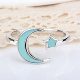 Authentic 925 Sterling Silver Moon&Star Glowing Adjustable Open Ring For Women