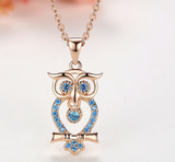 Rose Gold plated Owl blue birthstone zircon Pendant Necklace S925 Sterling Silver jewerly
