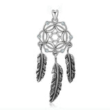 S925 Sterling Silver Dream catcher Pendant Vintage Oxidized Feather Necklace Jewelry
