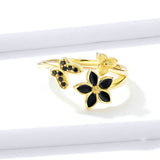 925 Sterling Silver Black Enamel Flower and Butterfly Open Finger Ring Women Gold Color Plated Engagement Jewelry