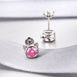 925 Sterling Silver Pink Zircon Cat Ear Christmas Gift Jewelry Animal Earrings For Women