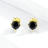 Authentic 925 Sterling Silver Frog Crown Stud Earrings for Women and Men Black CZ Stone Gold Color Fine Jewelry