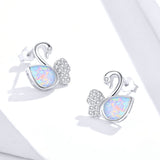 Genuine 925 Sterling Silver Elegant Swan Stud Earrings for Women Opal Wedding Statement Jewelry Accessories