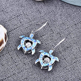 925 Sterling Silver Dancing Diamond Cubic Zirconia Blue Fire Opal Turtle Dangle & Drop Earrings