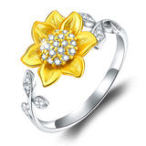 925 Sterling Silver Sunflower Open Ring 3D Flower Shape Adjustable Ring Jewelry for Women and Girls