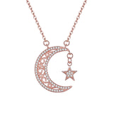 925 Sterling Silver CZ Bling Crescent Moon and Star Pendant Necklace Clear