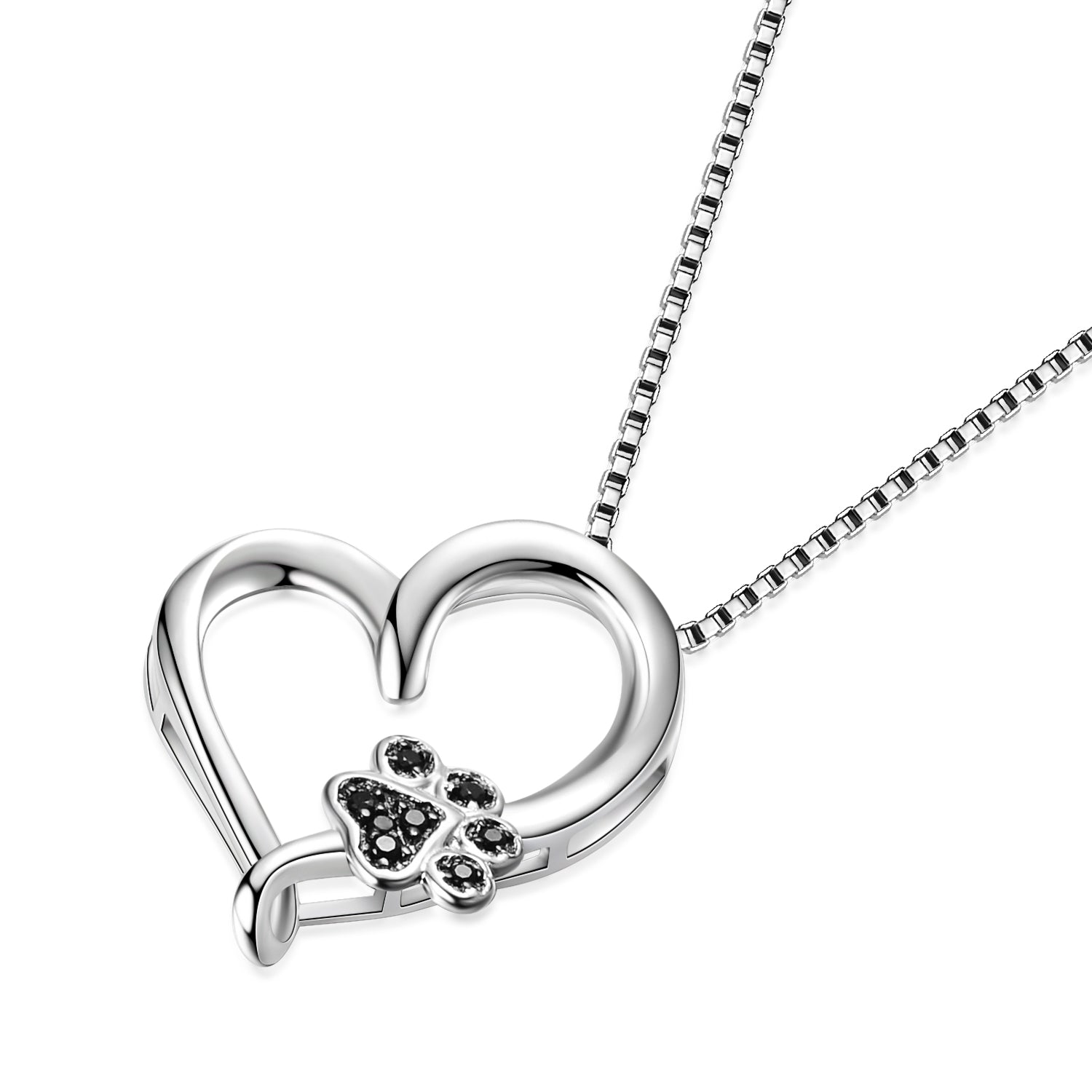 Silver Love Heart Jewelry Design Black Puppy Dog Cat Pet Paw Necklace