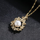Butterfly flower yellow gold plated  Crystal Zircon Nature Freshwater Pearl Pendant S925 Sterling Silver Necklace