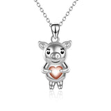 Silver Cute Pig Hold Rose Gold Plated Heart Pendant