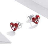 925 Sterling Silver Red Enamel Heart Heartbeat Stud Earrings For Women