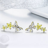 Authentic 925 Sterling Silver Dancing Butterfly & Yellow Crystal Zircon Women Drop Earrings Wedding Jewelry